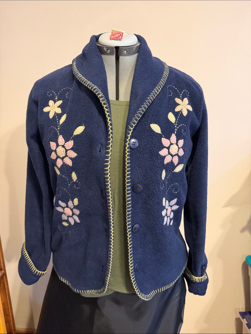 Super Cute Navy Floral Embroidered Fleece Jacket